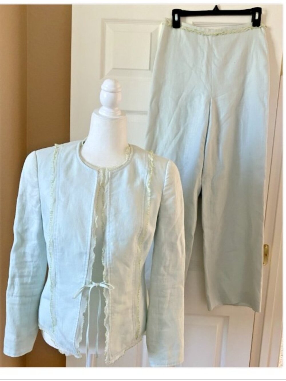 FENN WRIGHT MANSON 100% Linen & Lace Mint Pantsuit UK 10 Fits US 8